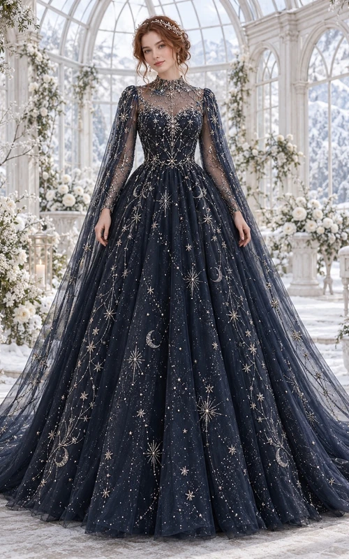 Vestido de novia de gala con capa celestial de ilusión invernal, manga larga, azul marino oscuro.