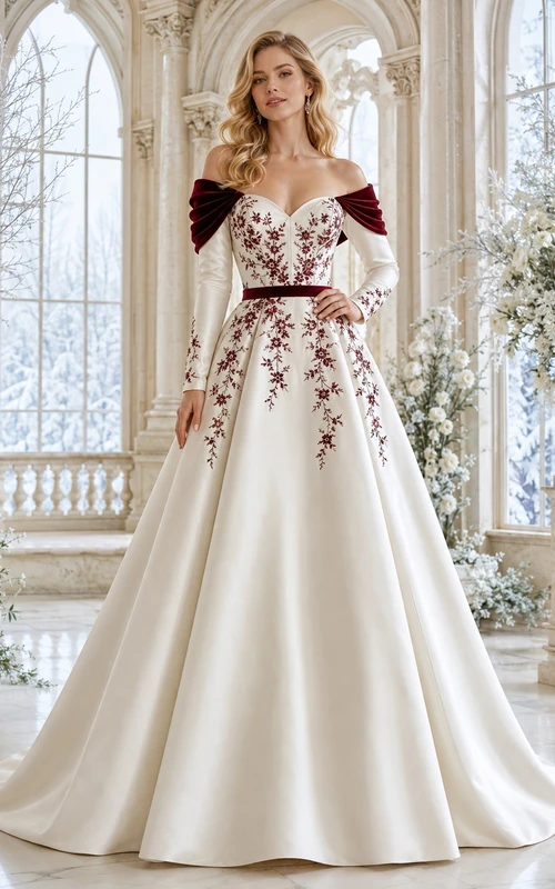 Burgunderrotes, romantisches Luxus-Brautkleid im A-Linien-Stil für den Winter mit schulterfreiem Schnitt, langen Ärmeln und Kapellenschleppe