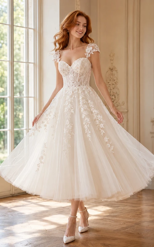 Vestido de novia de princesa hasta la rodilla, escote corazón, mangas cortas, encaje y tul, estilo jardín.