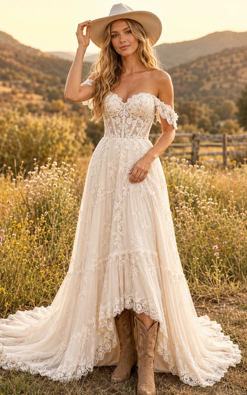 Brautkleid aus ländlicher Spitze und Tüll, A-Linie, schulterfrei, asymmetrisch mit Schlitz und Schnürung am Rücken