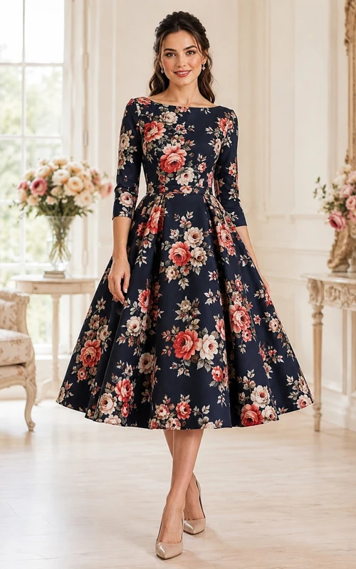 Robe bohème bleu marine à fleurs, col rond, manches 3/4, longueur thé, en mousseline de soie, coupe trapèze.