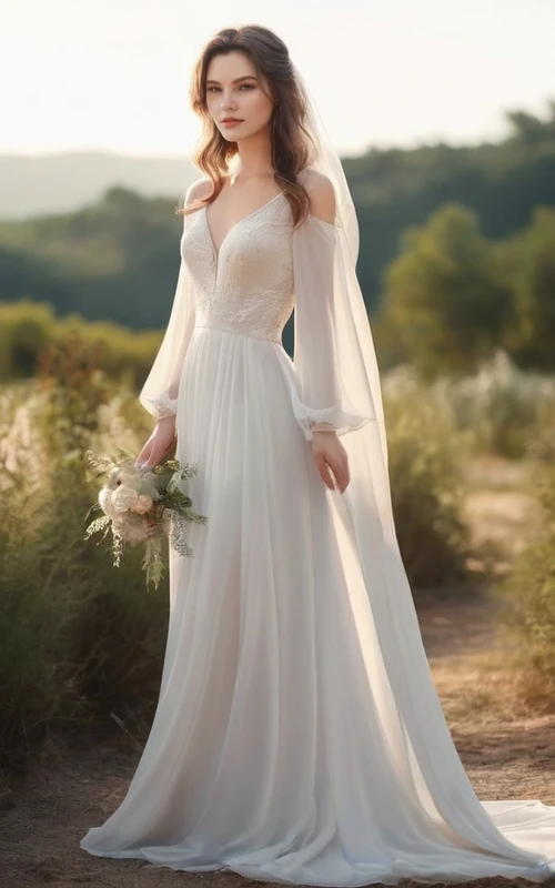 Vestido de novia bohemio de gasa fluida con mangas largas abullonadas y tirantes finos