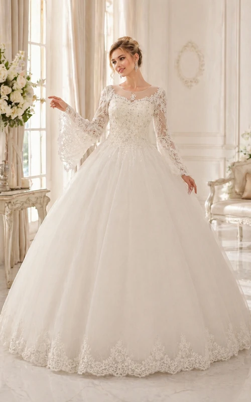 Glamurosos vestidos de novia de encaje con lentejuelas y mangas largas, estilo princesa y tul.