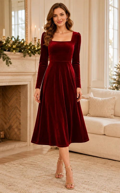 Robe midi de vacances en velours bordeaux à col carré et manches longues