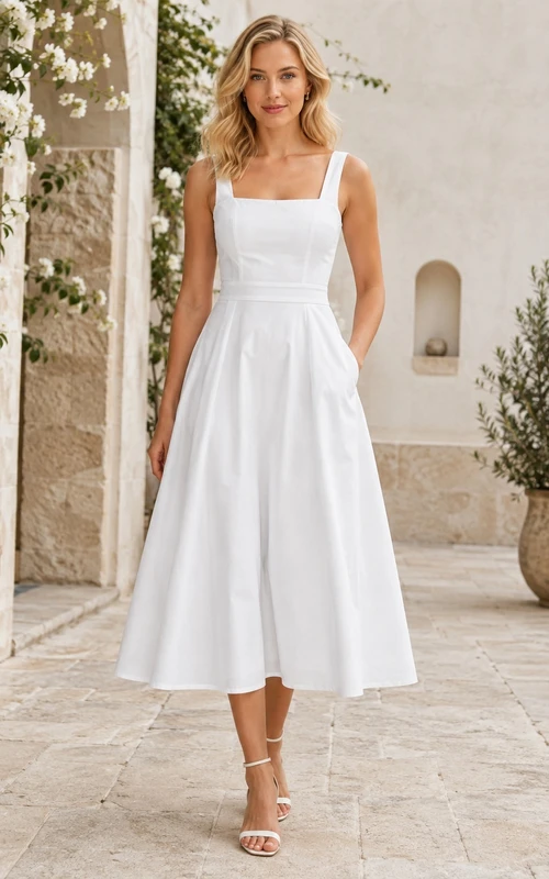 Weißes, schlichtes, eckiges Satin-Gästekleid mit Trägern, A-Linie und Teelänge