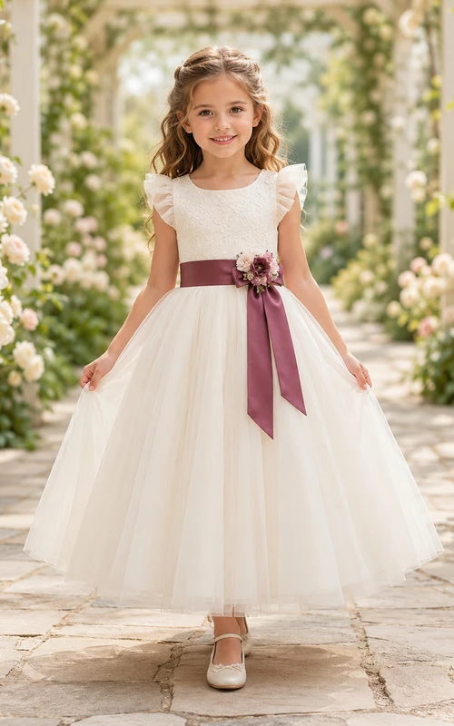 Flower Girl Dress A-Line Cream Plum Sash Tulle Flutter Sleeve Garden