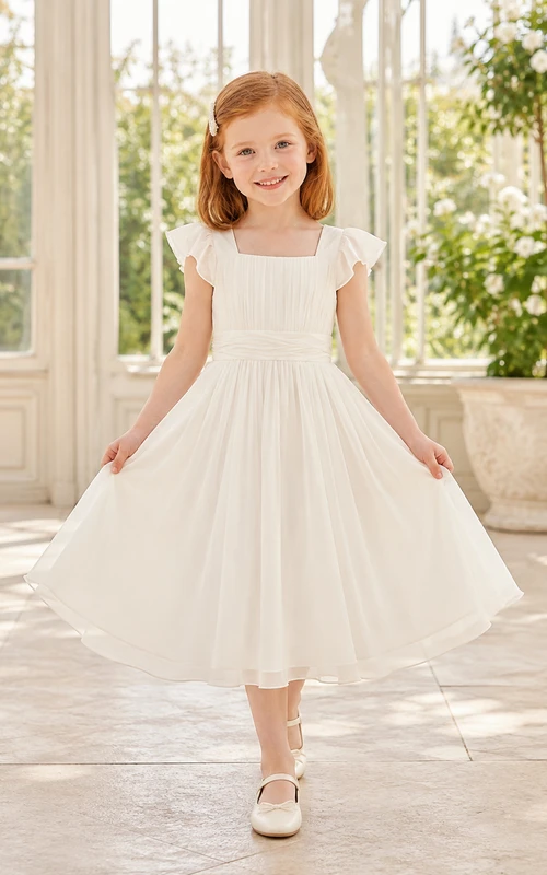 Vestido de niña de flores de gasa color marfil con corte en A, manga corta, escote cuadrado, falda a la rodilla y detalle de lazo.
