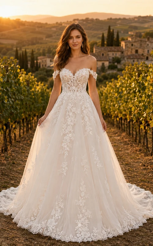 Vestido de novia de tul y encaje campestre, estilo princesa, con hombros descubiertos, cola larga y espalda en V baja.