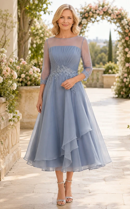 Stahlblaues, ätherisches U-Boot-Ausschnitt-Kleid mit Dreiviertelärmeln, Illusionseffekt, drapiertem Organza, asymmetrischem A-Linien-Schnitt und Teelänge – das perfekte Kleid für die Mutter der Braut