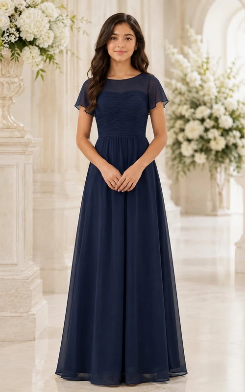 Elegantes Brautjungfernkleid in Tintenblau, A-Linie, Rundhalsausschnitt, kurze Ärmel