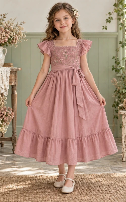 Vestido de niña de flores de corte A con cuello cuadrado, mangas acampanadas, corpiño fruncido y dobladillo con volantes, hasta la rodilla.