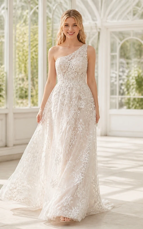 Vestido de novia romántico moderno de encaje, corte A, largo hasta el suelo y con un solo hombro