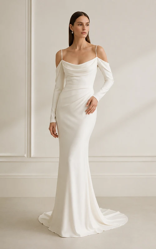 Vestido de novia de corte recto con mangas largas y escote Bardot y cola larga.