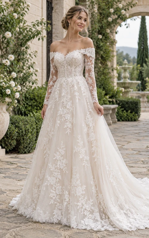 Robe de mariée trapèze en tulle à manches longues, épaules dénudées, ornée d'appliqués floraux festonnés et traîne.