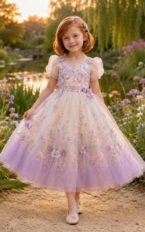Lavender Flower Girl Dress with Puff Organza Sleeves, Floral Applique Square Bodice, Tea-Length Ombre Tulle Skirt and Satin Bow Waist