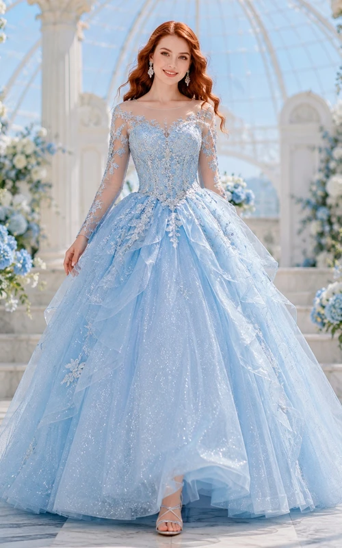 Sky Blue Embroidered Tulle Long Sleeve Off Shoulder Ball Gown Quinceanera Dress