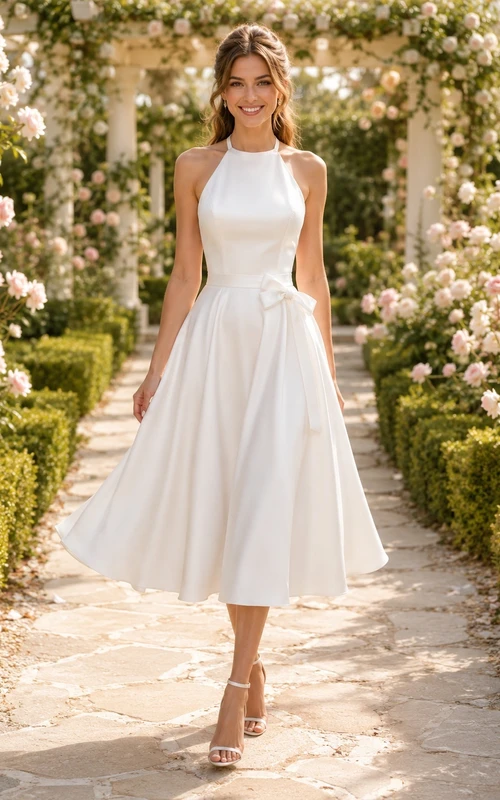 White Halter High Neck Satin A-Line Tea-Length Elegant Graduation Guest Dress