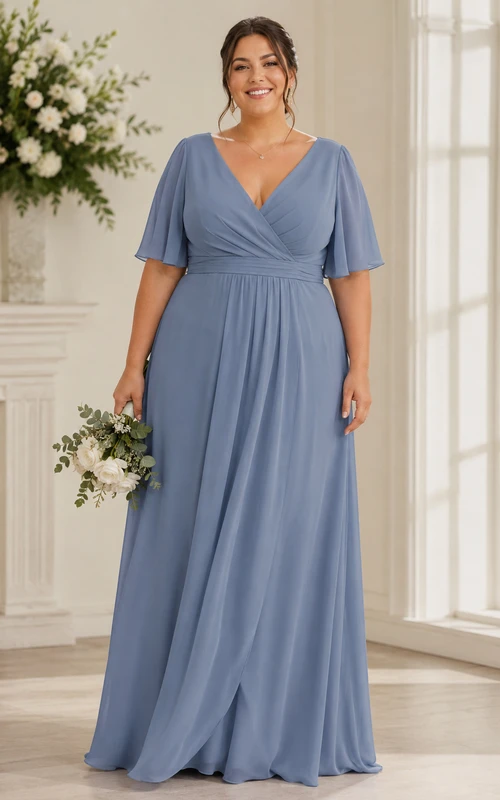 Plus Size Steel Blue A-Line Chiffon V-Neck Bridesmaid Dress with Front Split