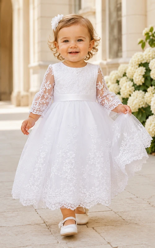 Embroidered Lace Sleeve Baby Christening A-Line Tulle Skirt Dress Modest