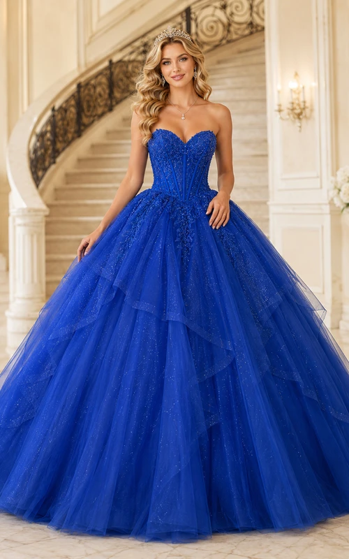 Royal Blue Luxury Strapless Sweetheart Corset Glitter Tulle Princess Quinceanera Ball Gown