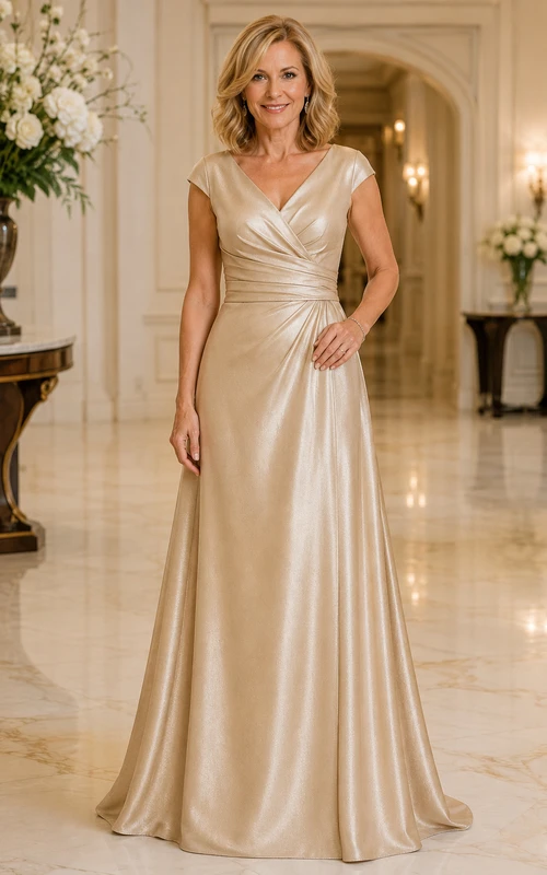 Champagnerfarbenes Satin-Kleid in A-Linie mit V-Ausschnitt für die Mutter