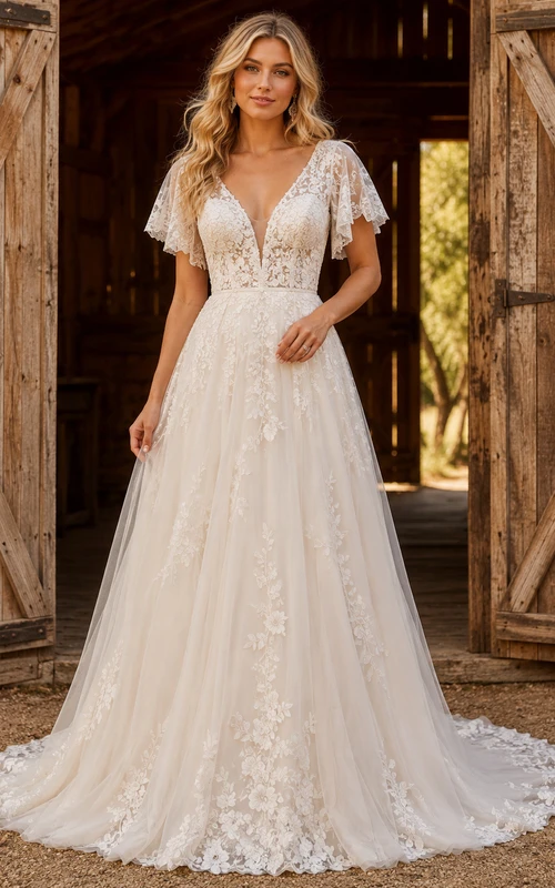 Robe de mariée champêtre en tulle, coupe trapèze, col en V, manches papillon, traîne chapelle, dos nu plongeant.