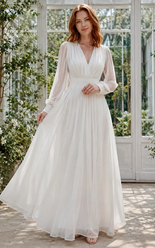 White Chiffon V-Neck Long Sleeve A-Line Floor-length Romantic Dress