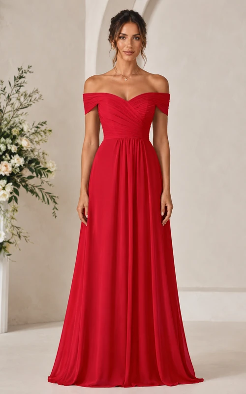 Rotes schulterfreies A-Linien-Chiffon-Brautjungfernkleid