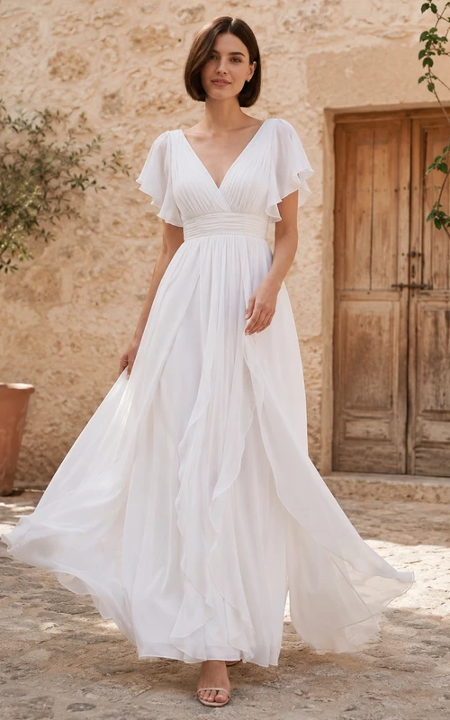 Bohemian Empire Flutter Sleeve V-Neck Chiffon A-Line Floor-Length Wedding Dress