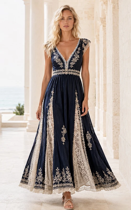 Luxuriöses, dunkelblaues, besticktes, mediterranes A-Linien-Kleid mit V-Ausschnitt, bodenlang, ärmellos