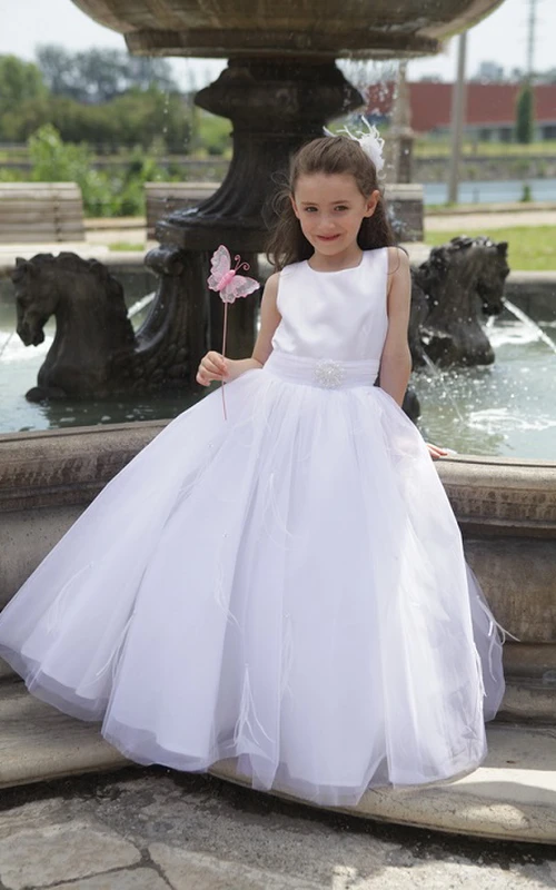 Vestido de gala de tul con top de tafetán y cintura de perlas para niña de las flores