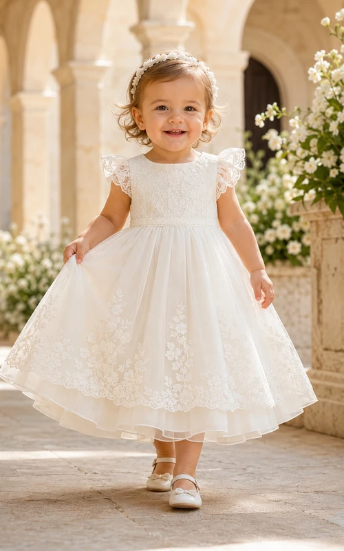 Baby Baptism Christening Ceremony Dress A-Line Tea-Length Jewel Neck Short Sleeve Tulle Lace Button Back