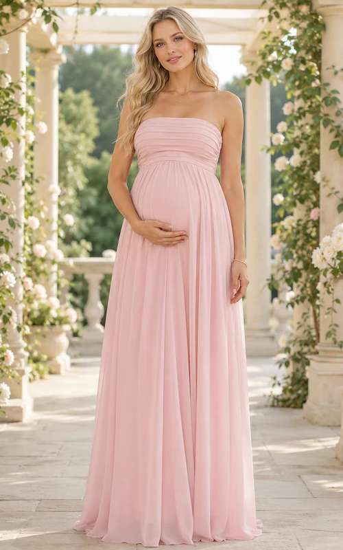 Vestido de dama de honor largo hasta el suelo, de gasa, corte imperio, sin tirantes y color rosa perla, estilo imperio, para embarazadas.