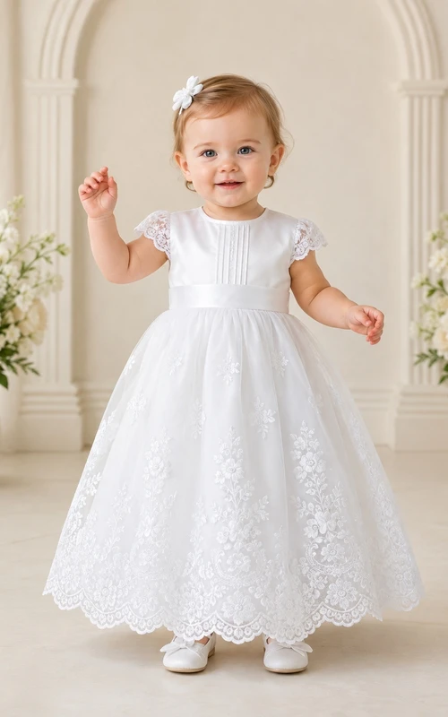 White Baby Lace Jewel Neck Cap Sleeve Bow Trimmed A-Line Ankle Christening Dress