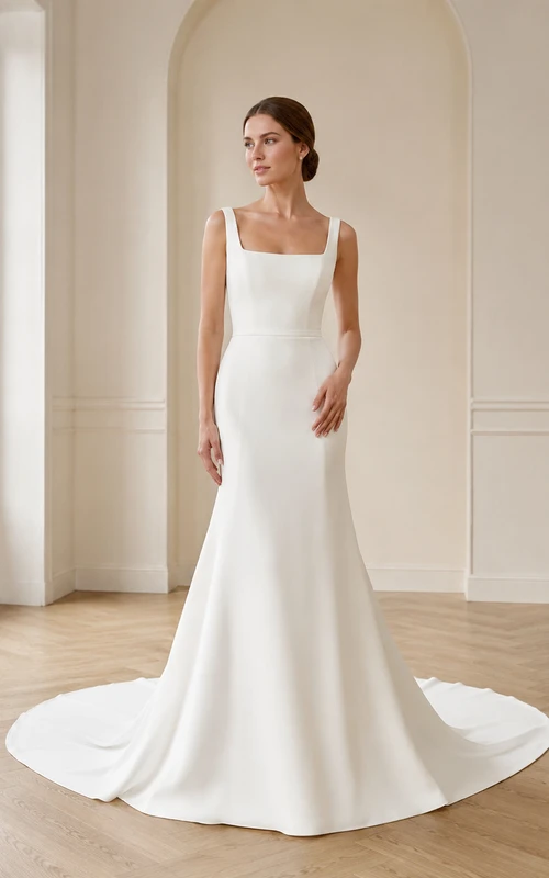 Robe de mariée minimaliste en satin raffiné, col carré, sans manches, fourreau et traîne chapelle, idéale pour une cérémonie en extérieur.