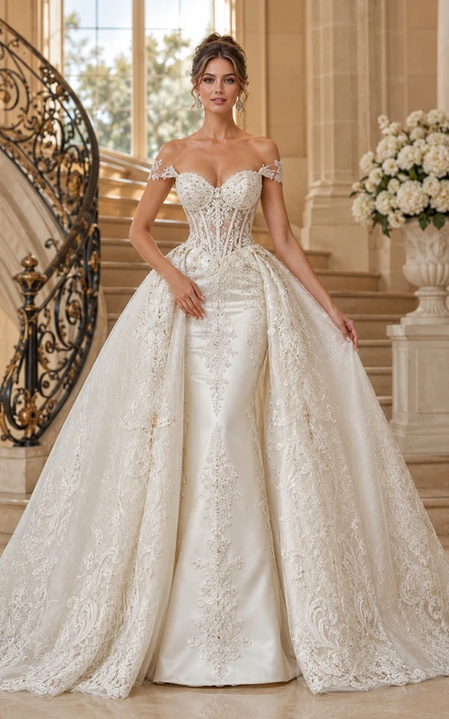 Robe de mariée de bal en dentelle à épaules dénudées et décolleté cœur, avec surjupe amovible et traîne chapelle