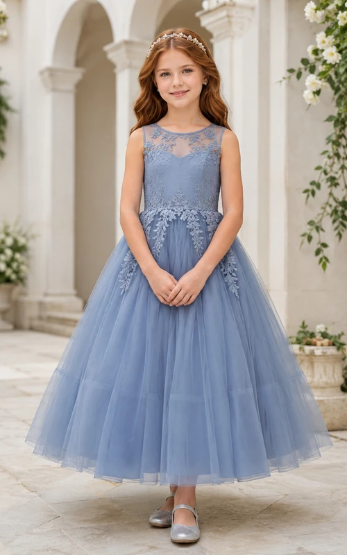 Steel Blue Flower Girl Dress Elegant Ankle-Length Ball Gown Sleeveless Illusion Sweetheart Lace Applique Tulle