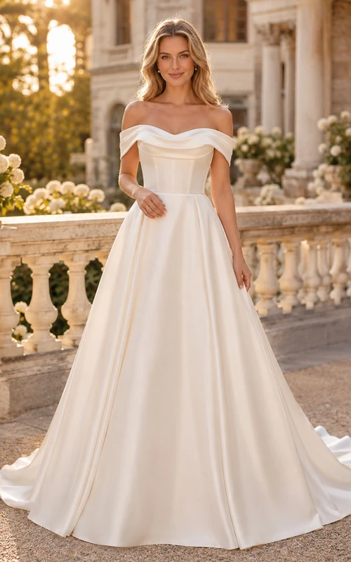 Minimalist Satin Wedding Dress A-Line Off Shoulder Court Train Bridal Gown