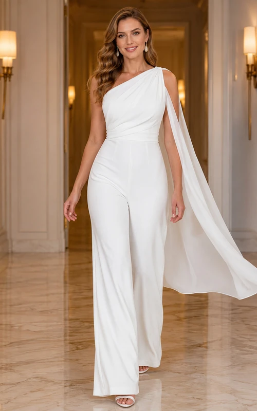Luxuriöser Chiffon-Jumpsuit mit einseitiger Schulter, Cape und weitem Bein für standesamtliche Trauungen