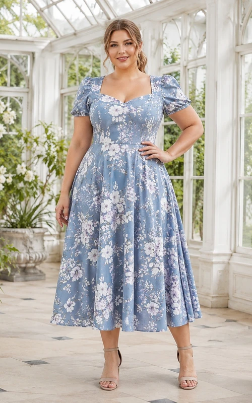 Lässiges, himmelblaues Chiffonkleid in A-Linie mit Blumenmuster in Übergröße, Teelänge, eckigem Ausschnitt und kurzen Ärmeln