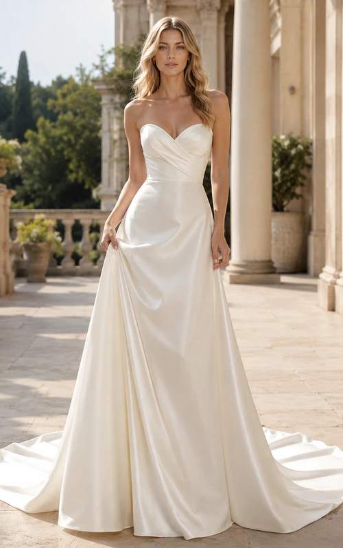 Brautkleid aus Satin, A-Linie, trägerlos, Kapellenschleppe, tiefer V-Ausschnitt