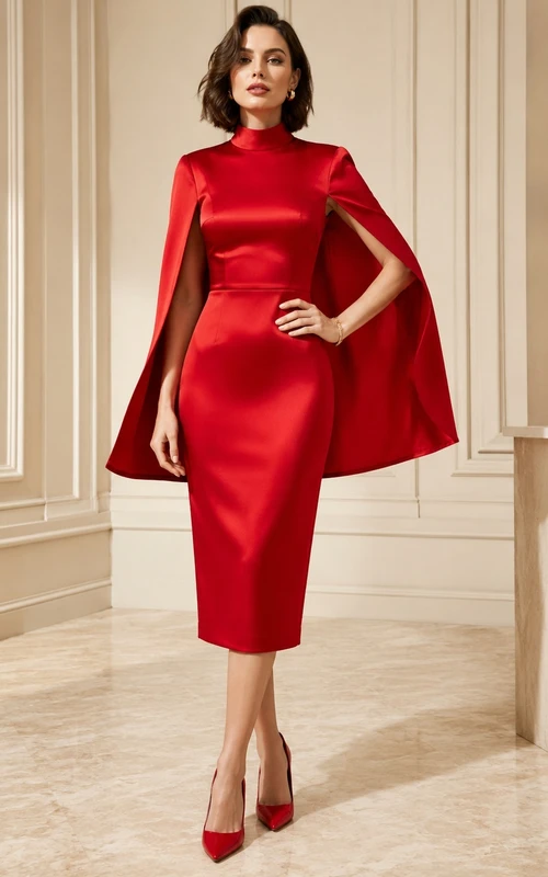 Robe de cocktail moderne en satin rouge à col montant et cape, longueur thé