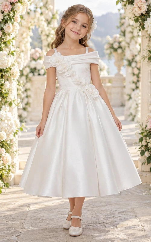 Weißes, teelanges, schulterfreies Satinkleid mit Blumenmuster und Trägern für Blumenmädchen