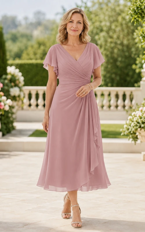 Romantisches, wadenlanges Chiffonkleid in Altrosa mit V-Ausschnitt, flatternden Ärmeln und geraffter Taille – perfekt für die Mutter der Braut.