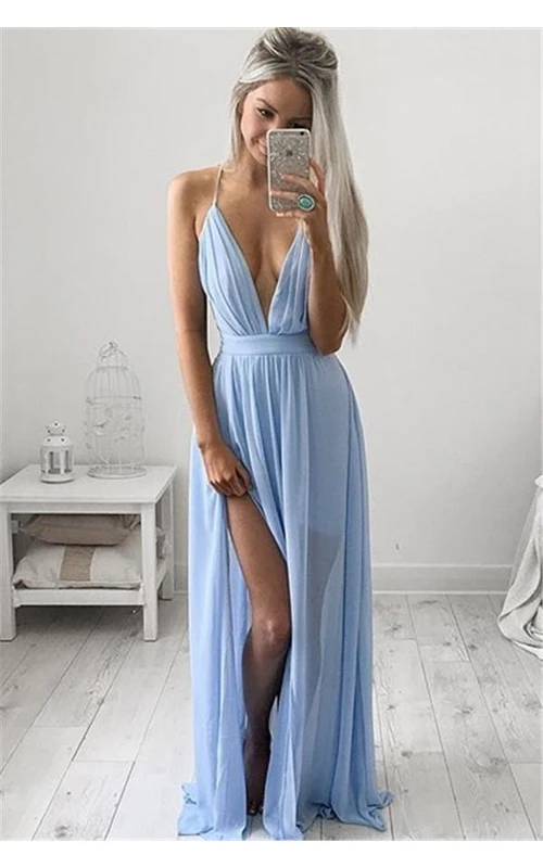 Elegantes, bodenlanges Chiffon-Abendkleid mit V-Ausschnitt