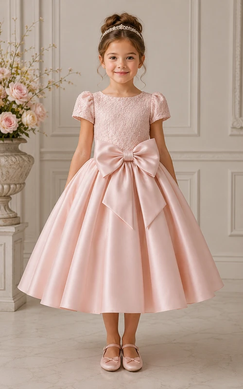 A-line Tea-length Puff Sleeve Satin Flower Girl Dress with Pearl pink satin dress with oversized bow