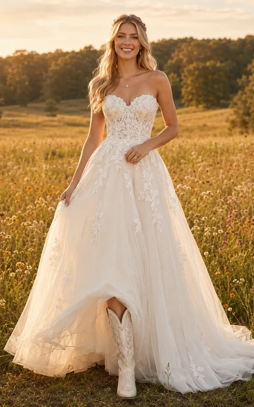 Rustic Country Boho Romantic A-Line Lace Tulle Wedding Dress with Sweetheart Strapless Sleeveless Floor-Length Train Split Skirt Appliques Lace-Up Corset Back Open Back