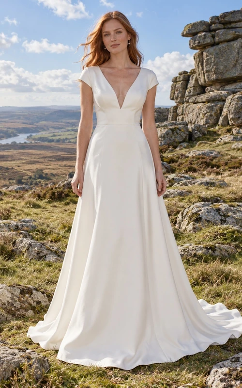Vestido de novia sencillo de corte A con escote en V, manga corta y cola de satén