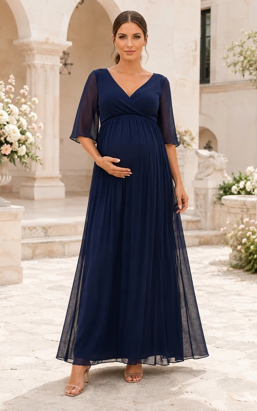 Dunkelblaues Umstandskleid aus Chiffon in A-Linie mit V-Ausschnitt