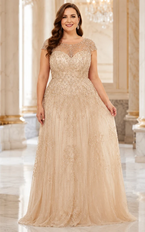 Champagnerfarbenes, extragroßes, elegantes A-Linien-Abendkleid aus Tüll mit Rundhalsausschnitt und kurzen Ärmeln, Perlenbesatz